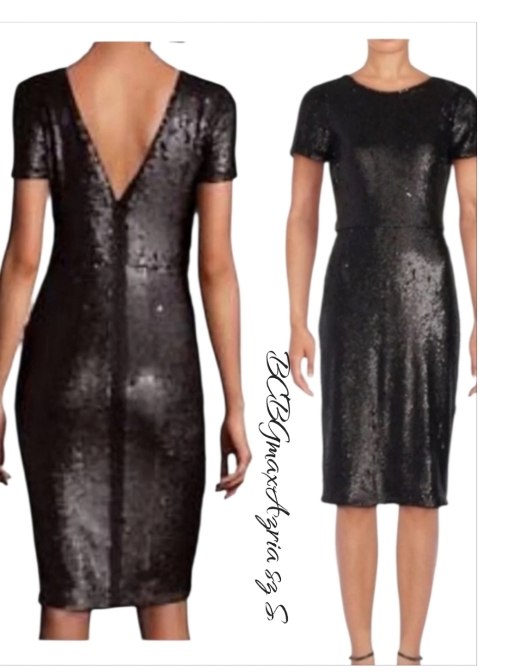 BCBGMaxAzria Betty Sequin V Back Sheath Dress Black Cocktail Party S NWT
